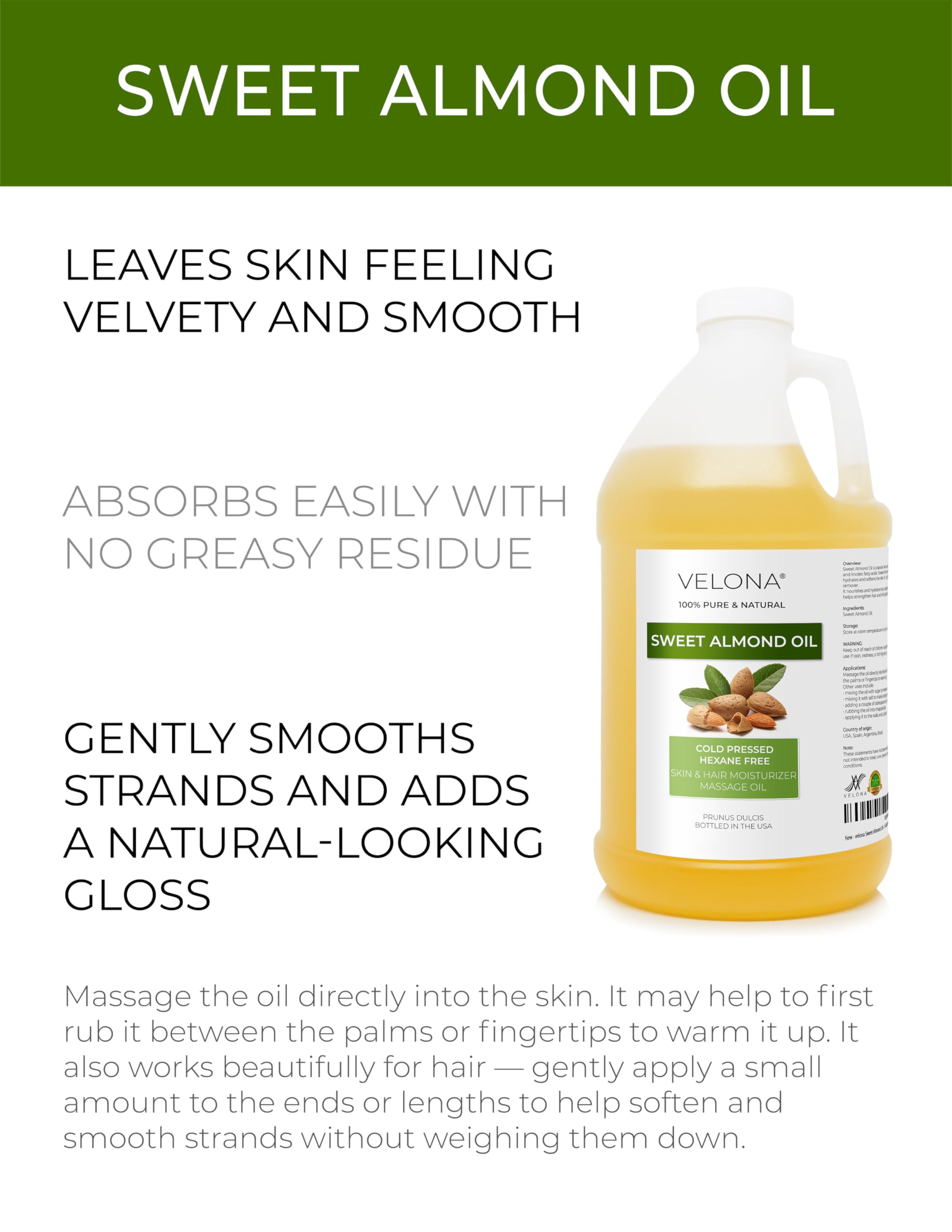 Close up of Velona 100 percent pure cold pressed almond oil label