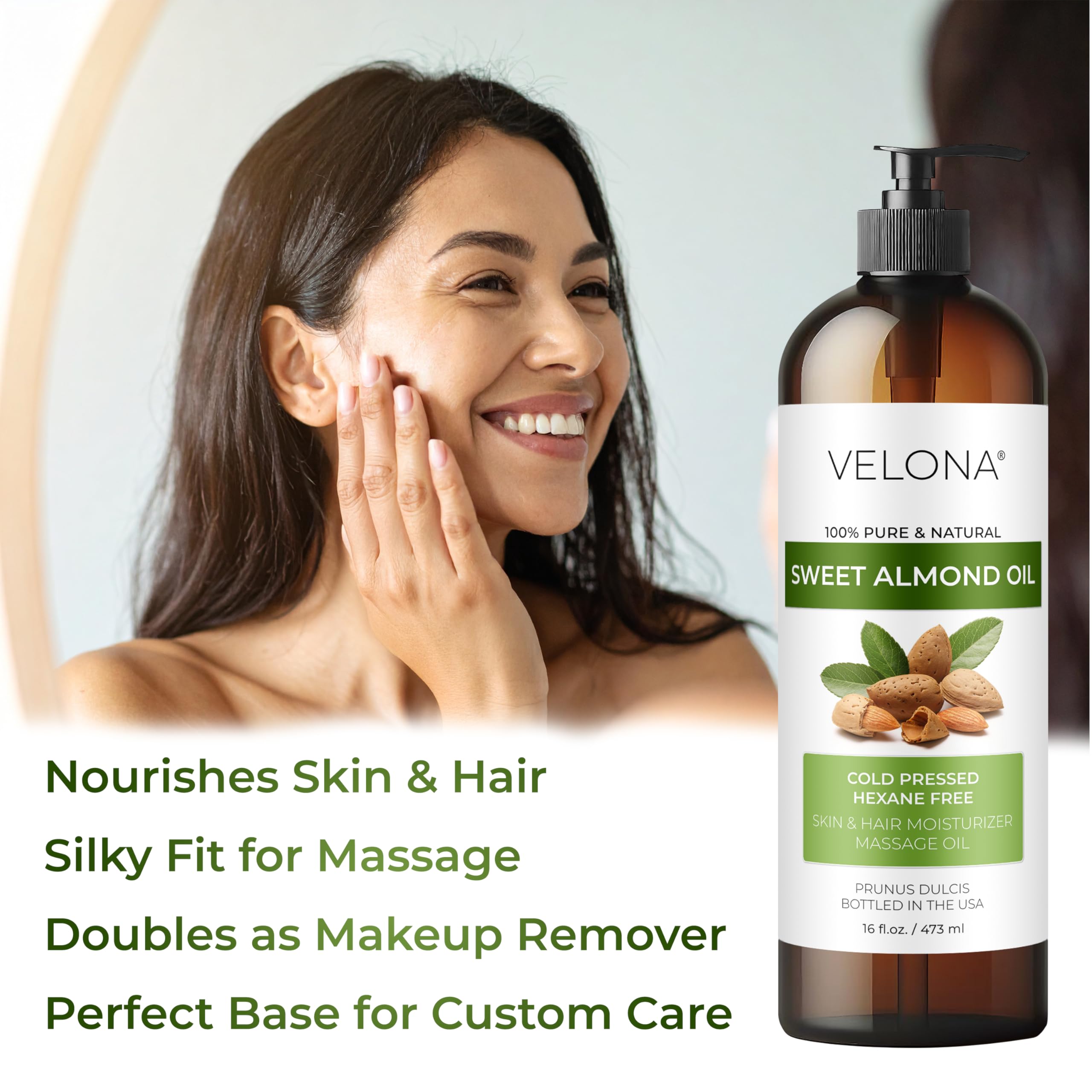 Person using natural almond oil for hair care routine