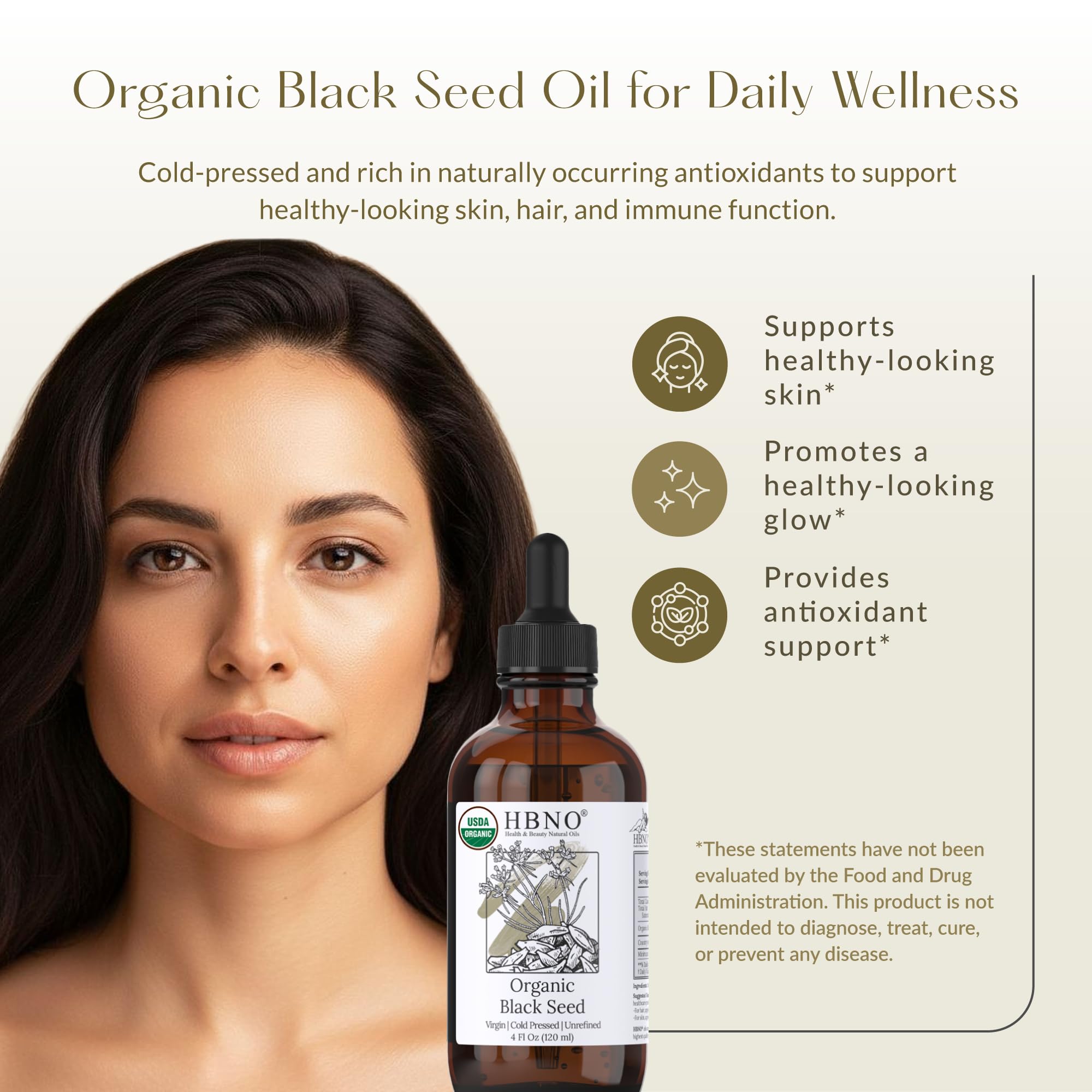 Authentic HBNO black seed oil packaging for skincare