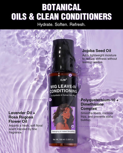 EJW wig conditioner spray bottle placed next to a synthetic hairpiece for styling