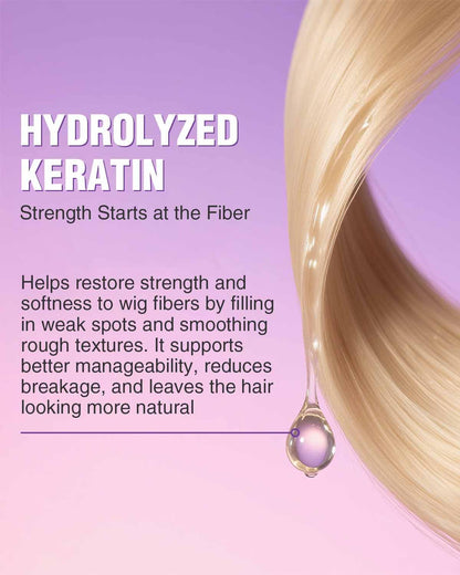 Lightweight non greasy wig refreshing spray being applied to a human hair wig