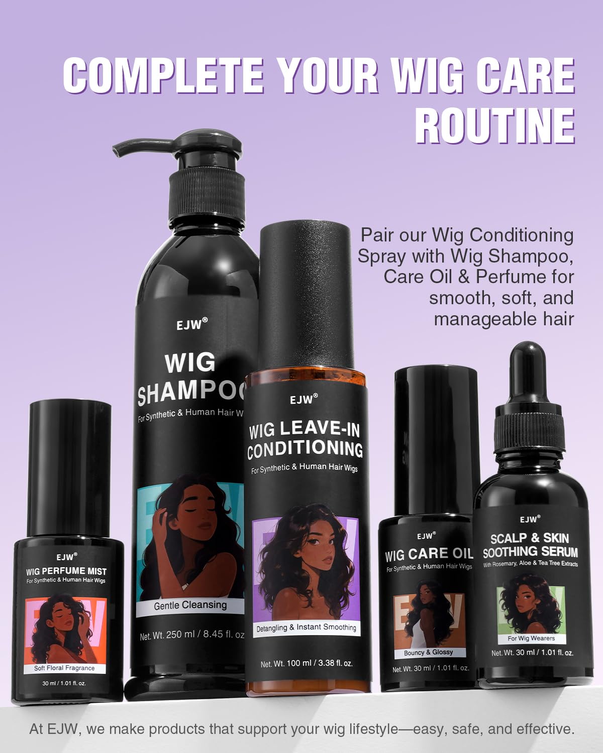 A wide tooth comb alongside the EJW wig leave in conditioner bottle on a clean background