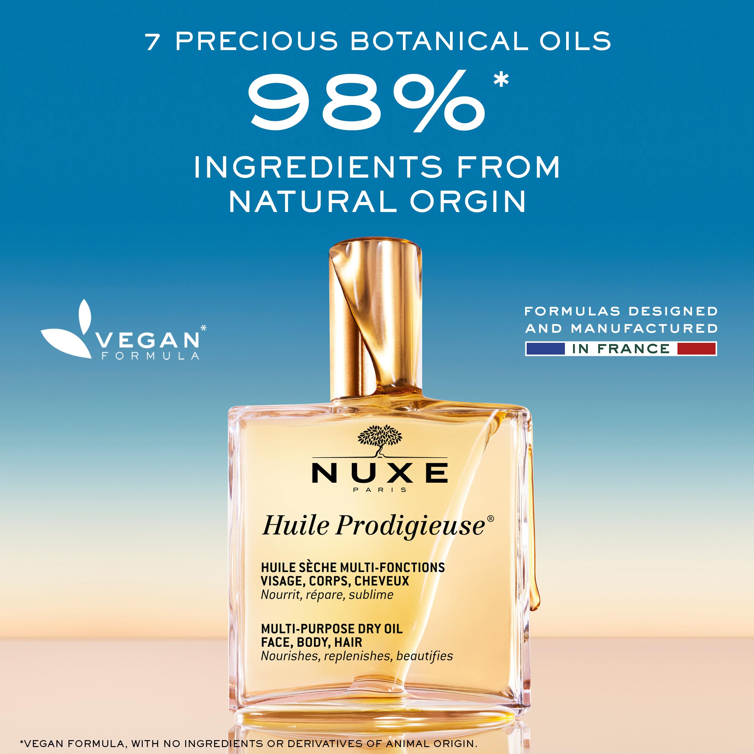 Nuxe dry oil bottle with hair application illustration