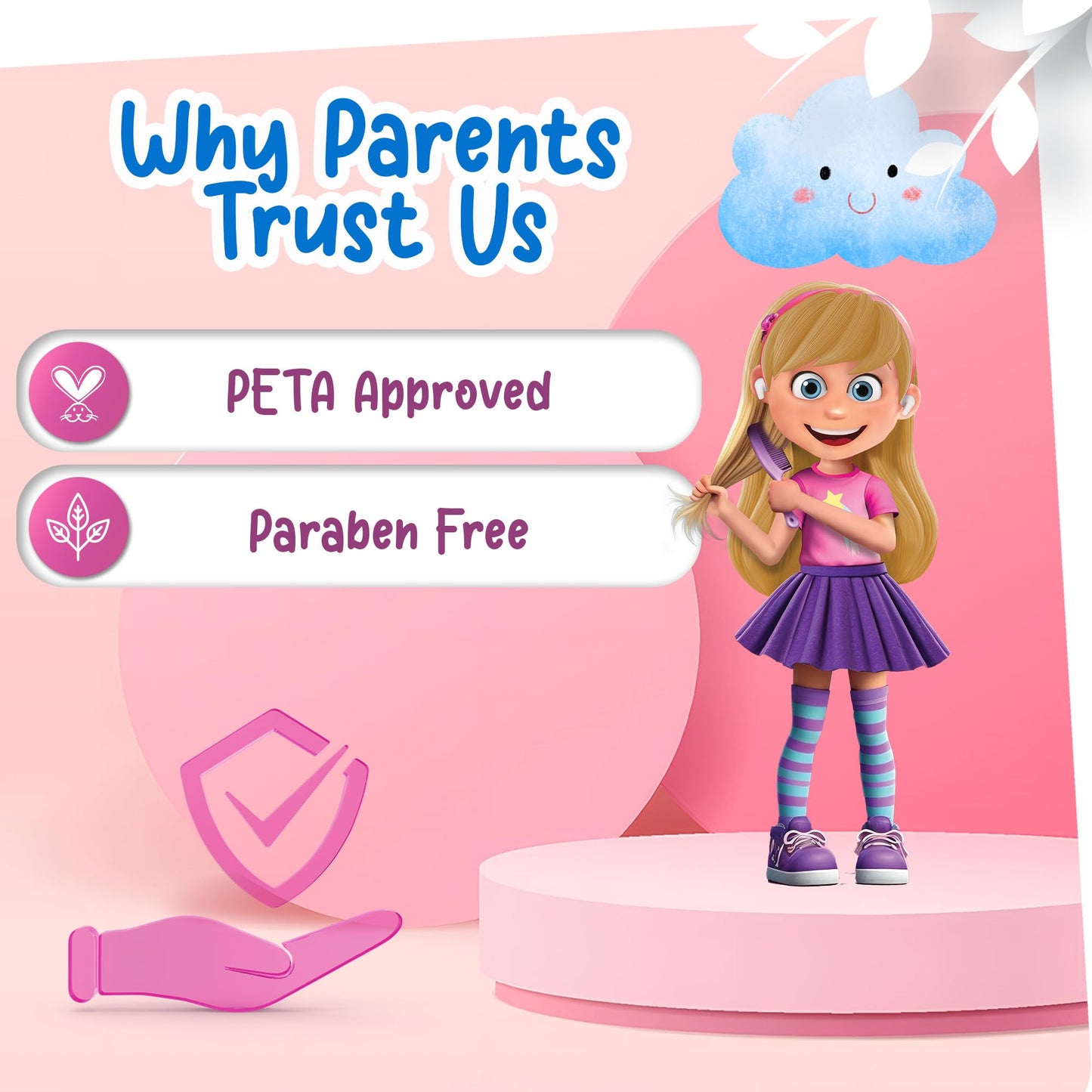 Paraben free children hair detangler spray bottle showing product benefits and directions