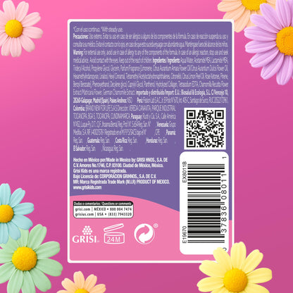 Close up of Grisi kids chamomile detangling spray packaging details