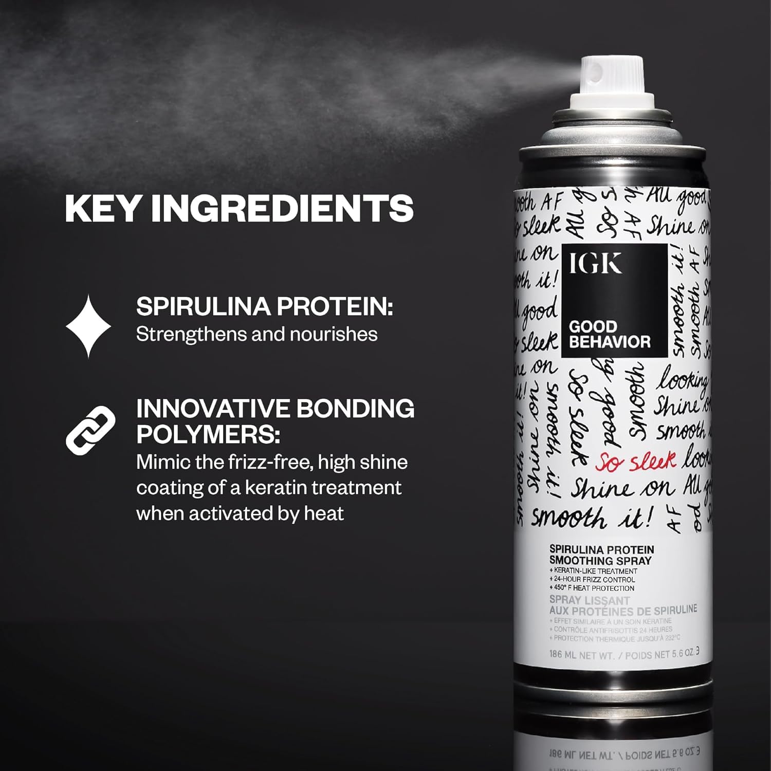 IGK Good Behavior Spirulina Protein Smoothing Spray travel size bottle showcasing heat protection benefits