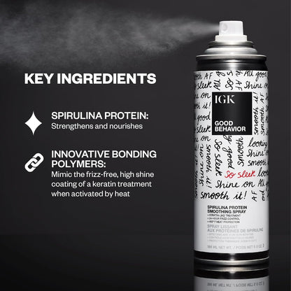IGK Good Behavior Spirulina Protein Smoothing Spray travel size bottle showcasing heat protection benefits