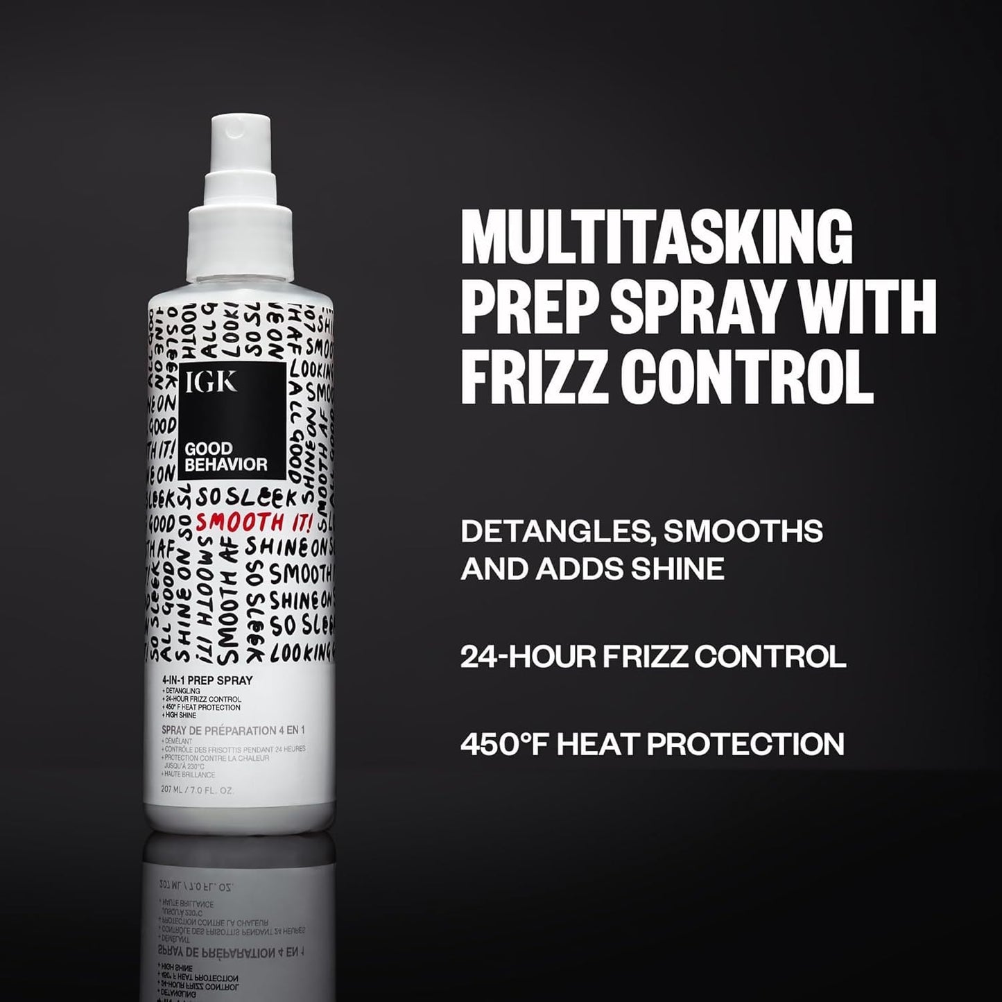 Back labels of IGK Good Behavior Smoothing Frizz Fighters Travel Set detailing directions for use