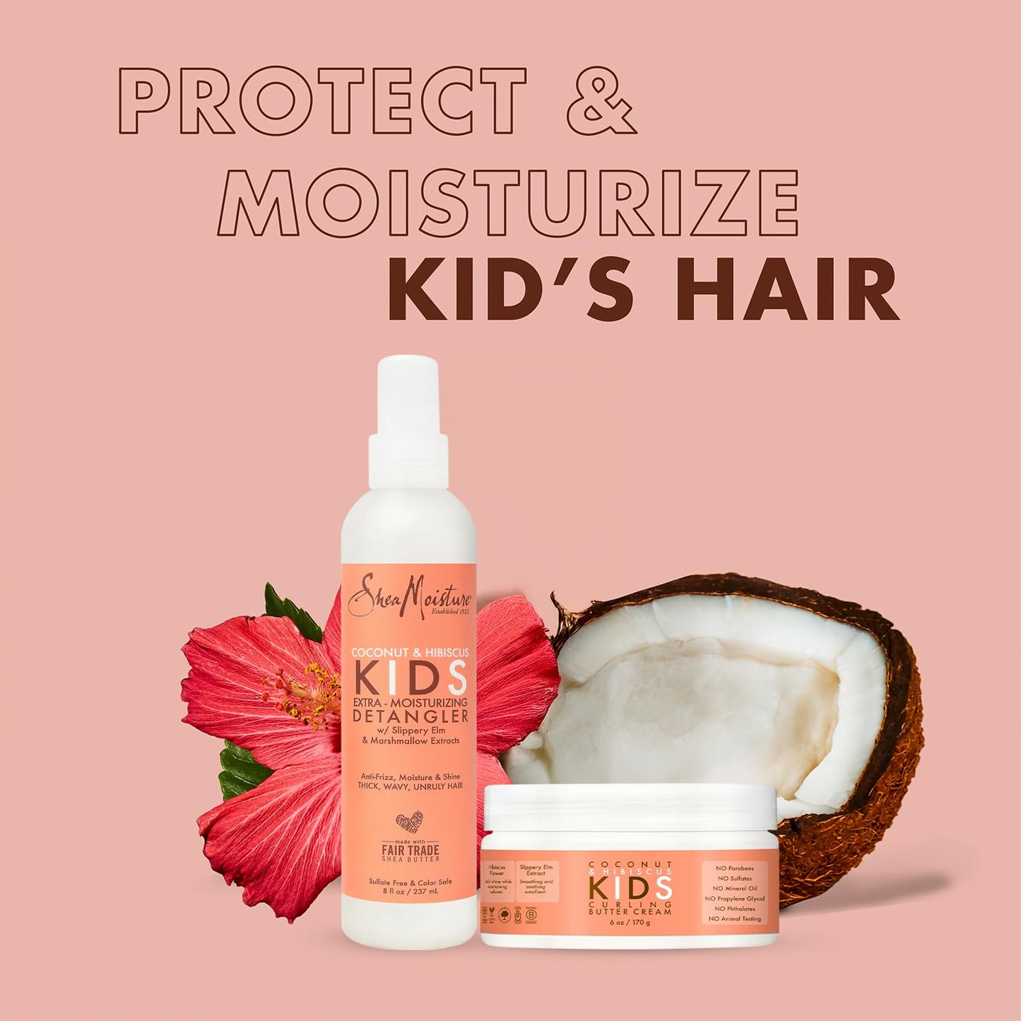 Side view of SheaMoisture anti frizz curly hair products for toddlers and kids.