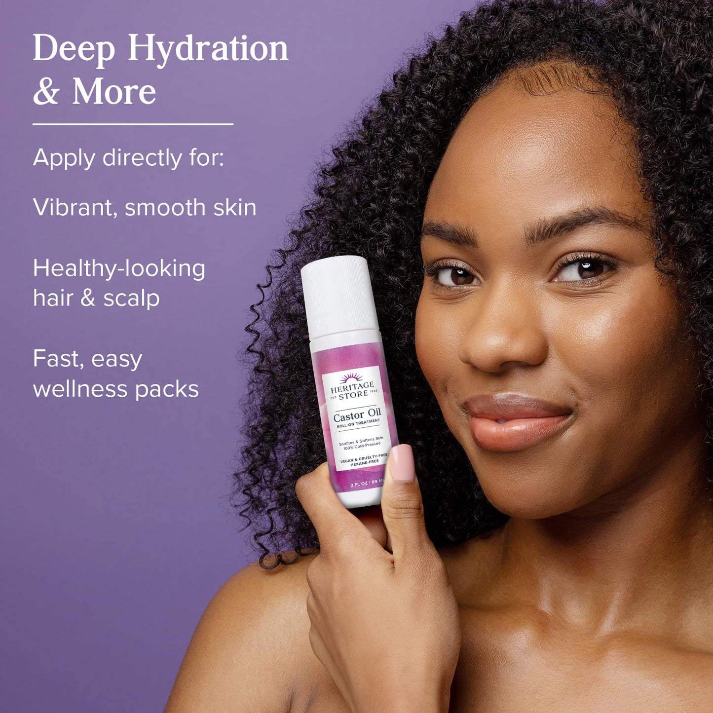 Heritage Store Castor Oil packaging showing roll-on applicator