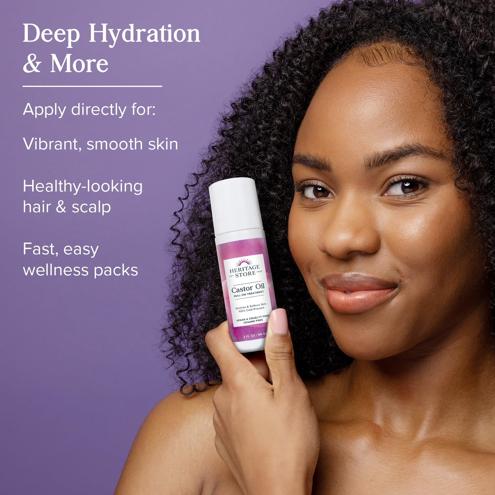 Heritage Store Castor Oil packaging showing roll-on applicator