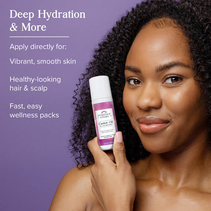 Heritage Store Castor Oil packaging showing roll-on applicator