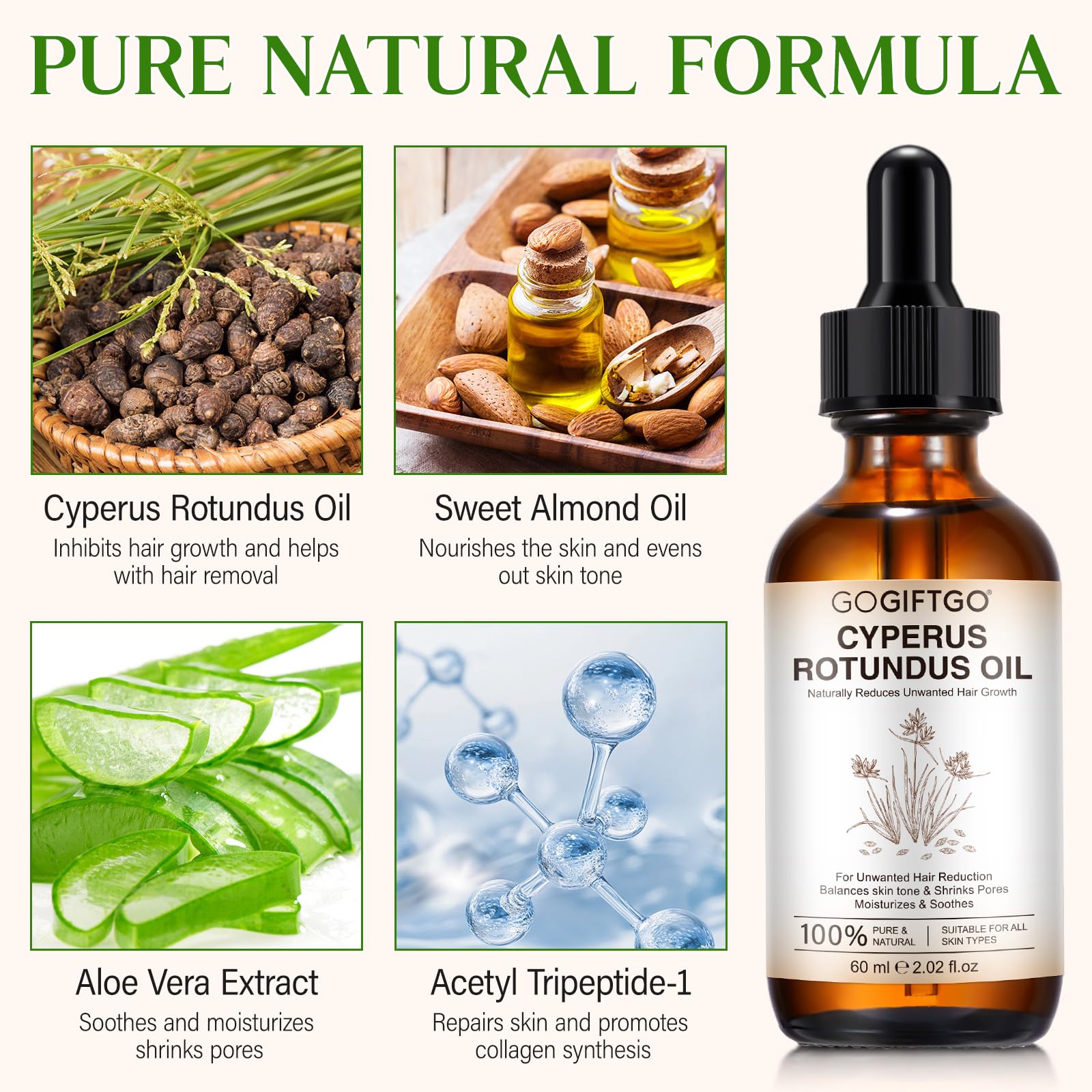 60ml bottle of Cyperus Rotundus oil for body hair