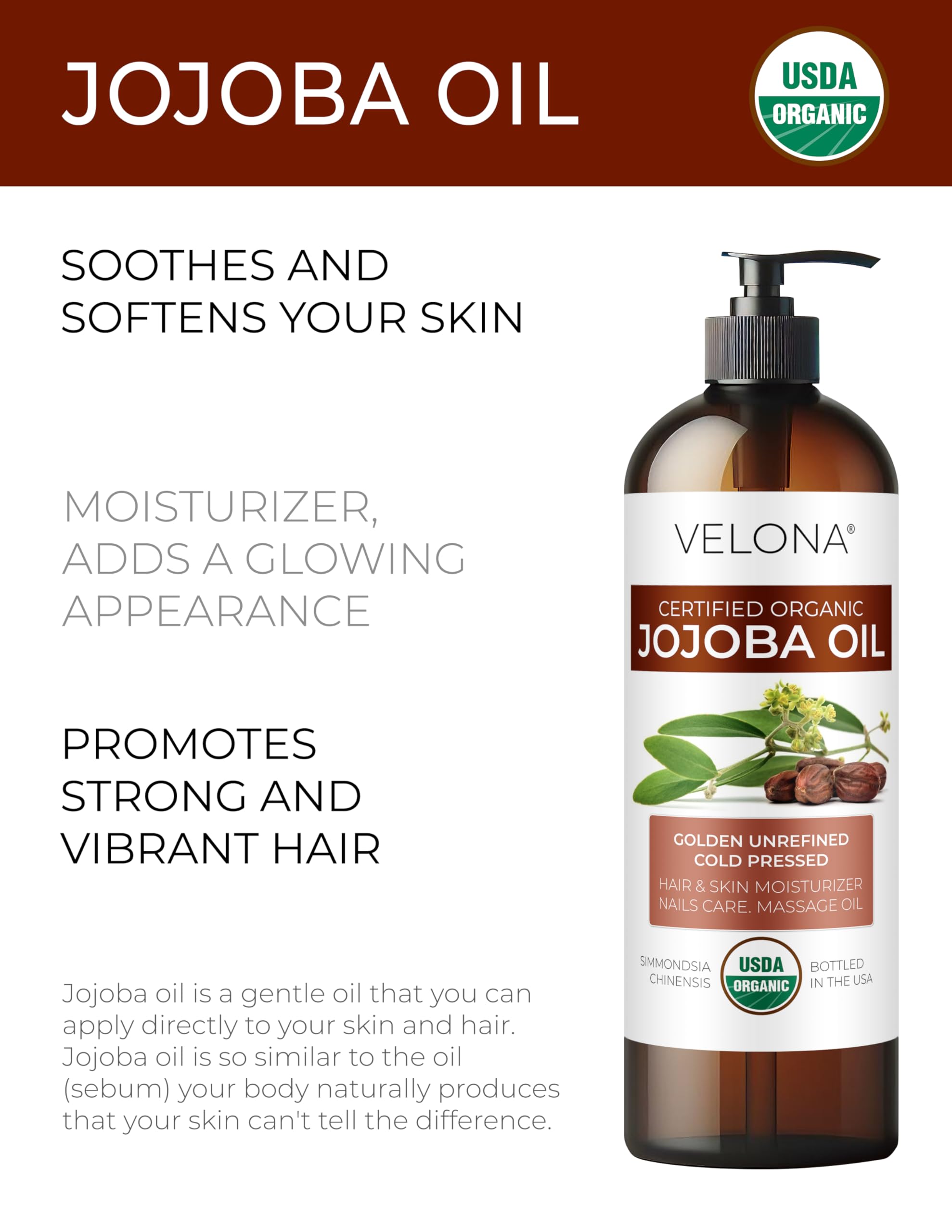 Close up of Velona organic jojoba oil bottle label