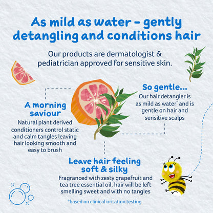 Imported Childs Farm anti frizz hair smoothing spray for toddlers close up