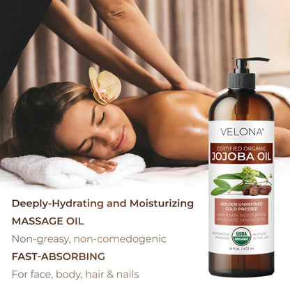 Back label of Velona jojoba oil showing certification