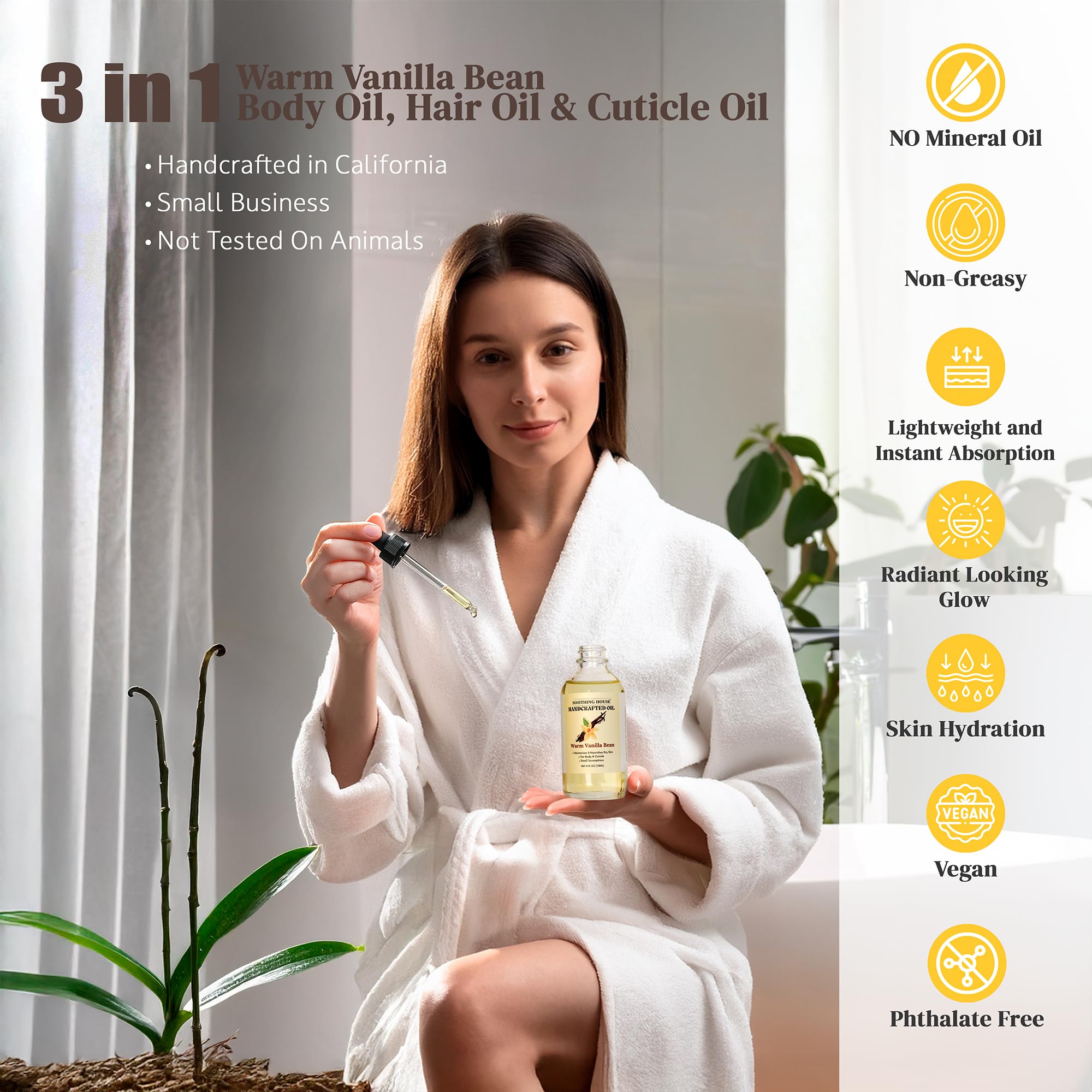 Back label of Soothing House Warm Vanilla Bean Body Oil showing ingredients