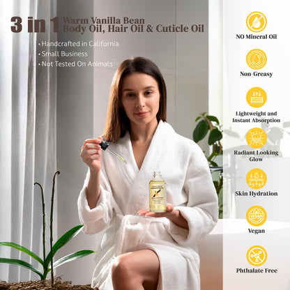 Back label of Soothing House Warm Vanilla Bean Body Oil showing ingredients