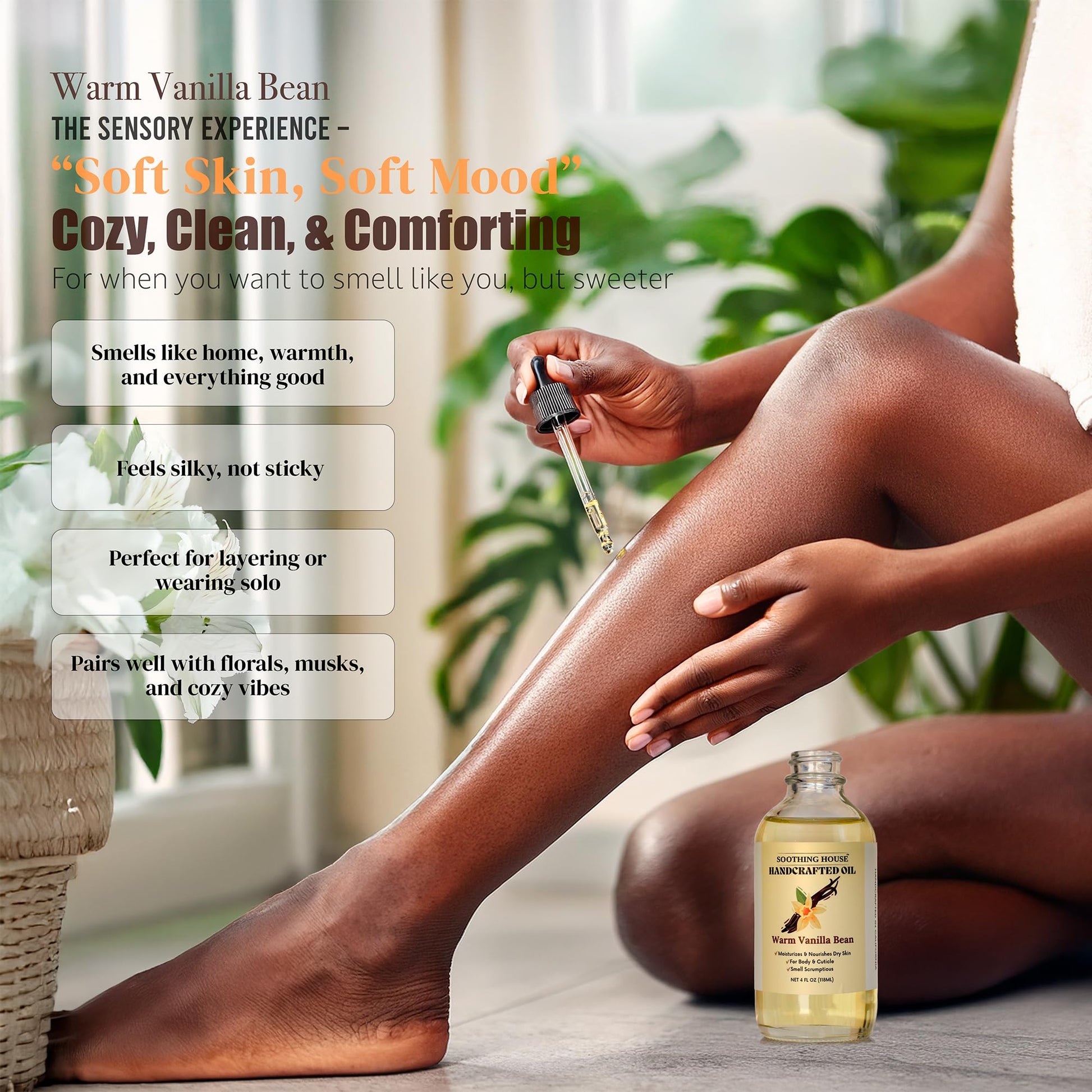 Soothing House body oil used on glowing arm skin
