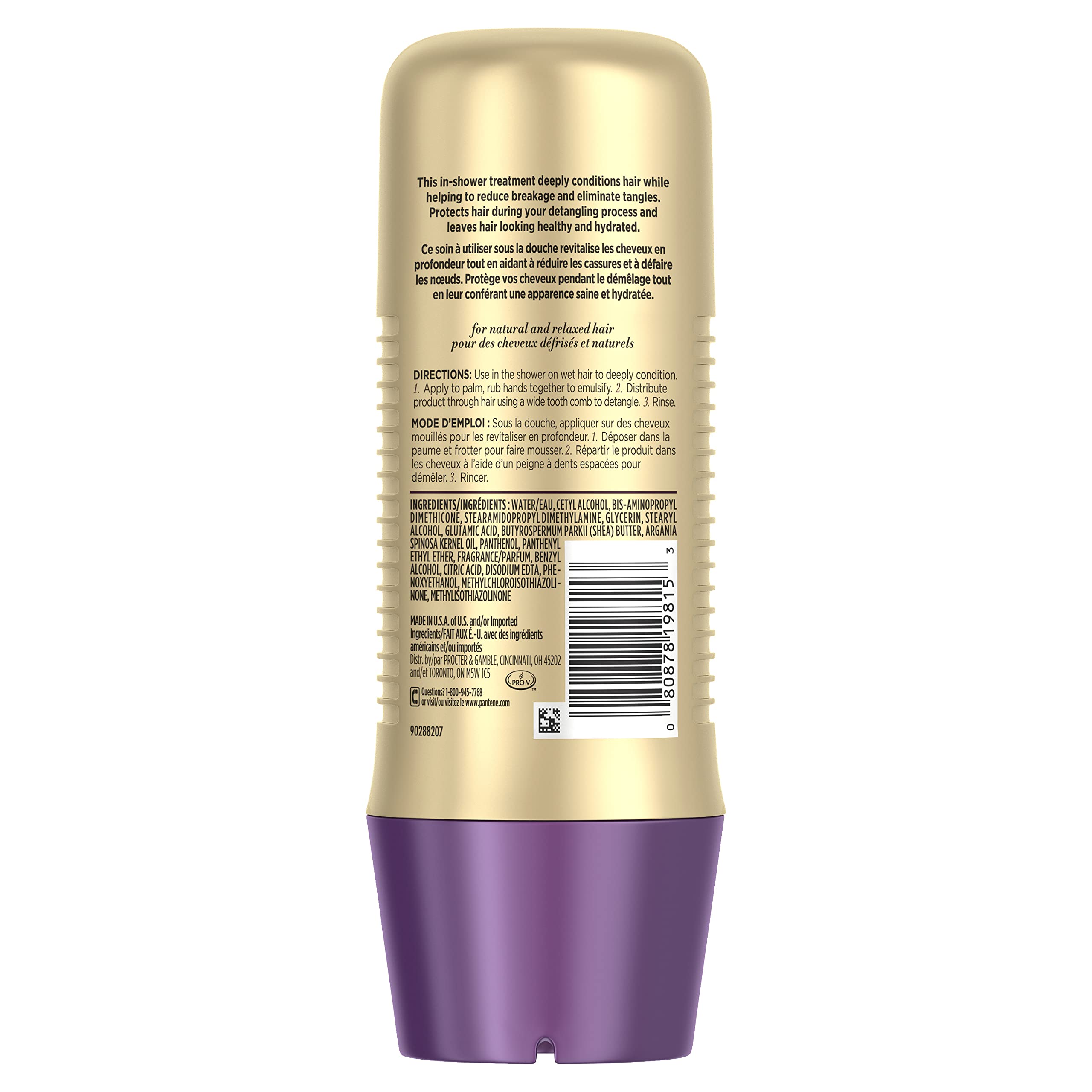 Pantene curly and coily hair treatment bottle showing Argan oil formula label