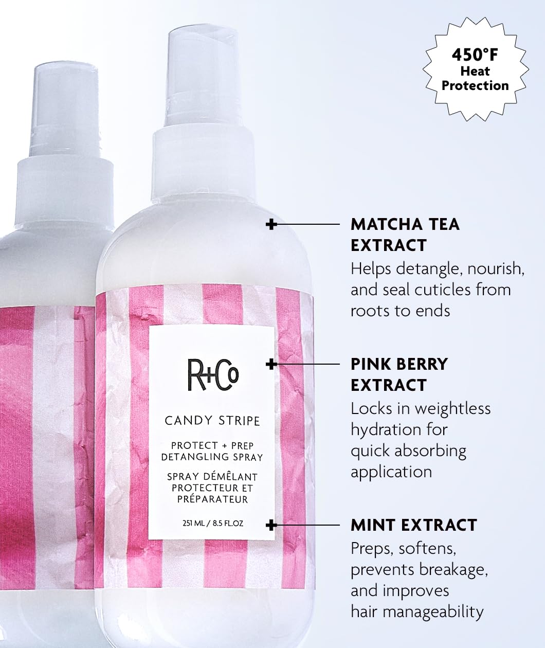 R+Co Candy Stripe leave in detangler spray bottle showing product directions and ingredients