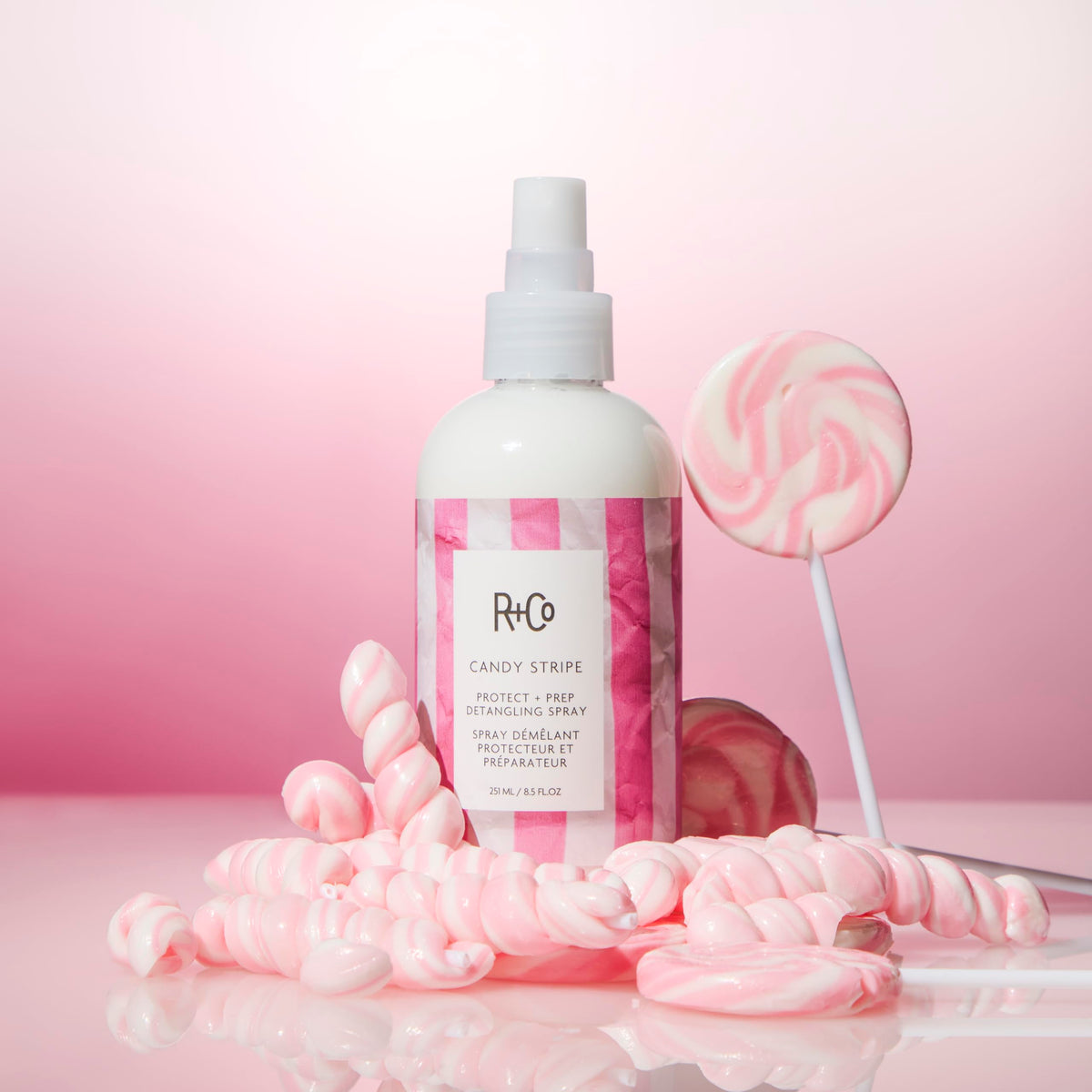 R+Co Candy Stripe Protect and Prep Detangling Spray nozzle and spray cap