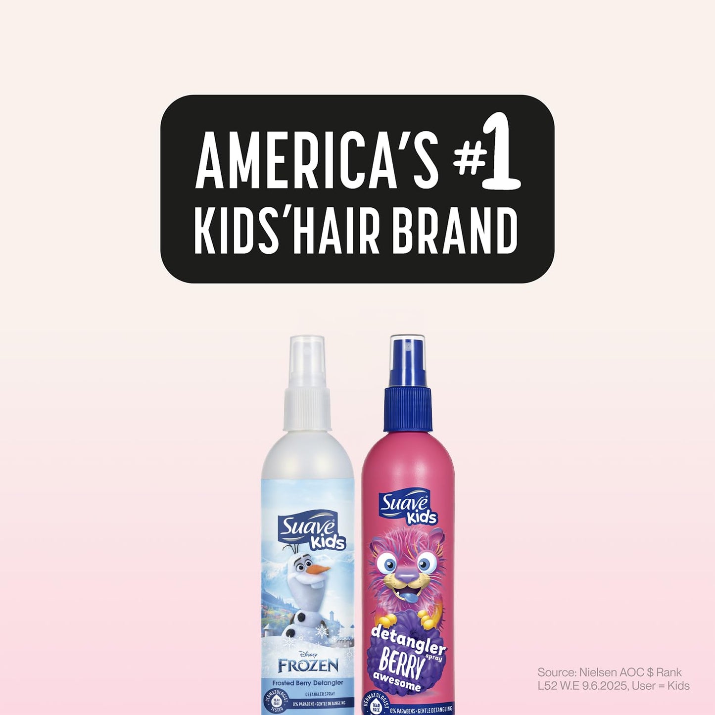 Suave Kids Berry Awesome spray pack being applied to curly hair for painless combing