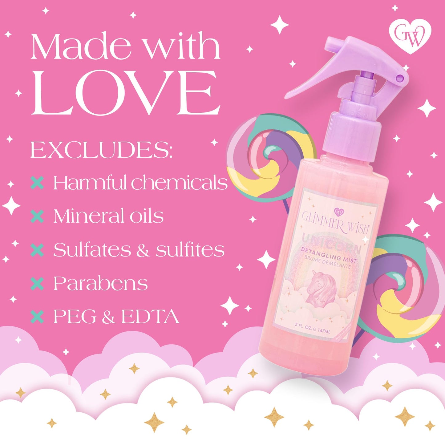 Glimmer Wish 5 fluid ounces bottle highlighting natural coconut oil components