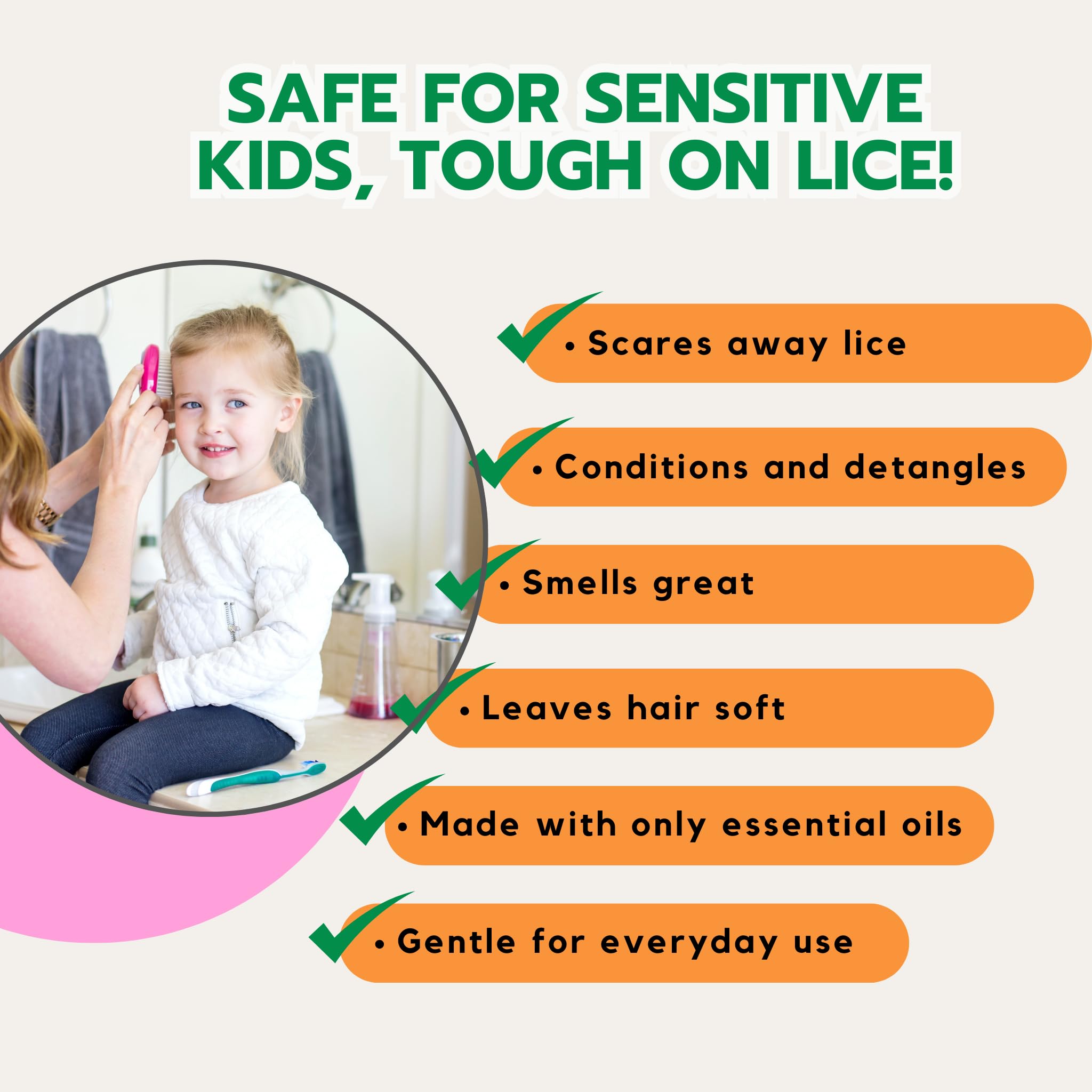Ella's Kids lice repellent spray showing the five natural essential oil ingredients