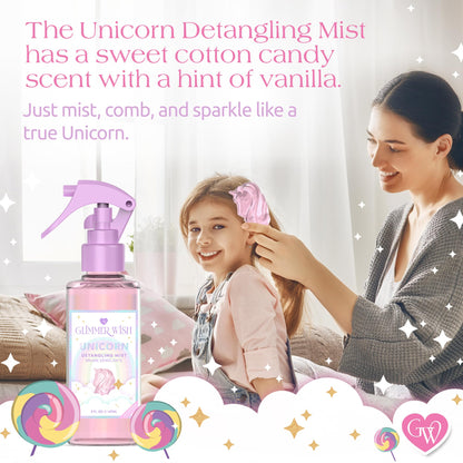 Tangle free detangling mist applied to long wavy hair for smooth brushing