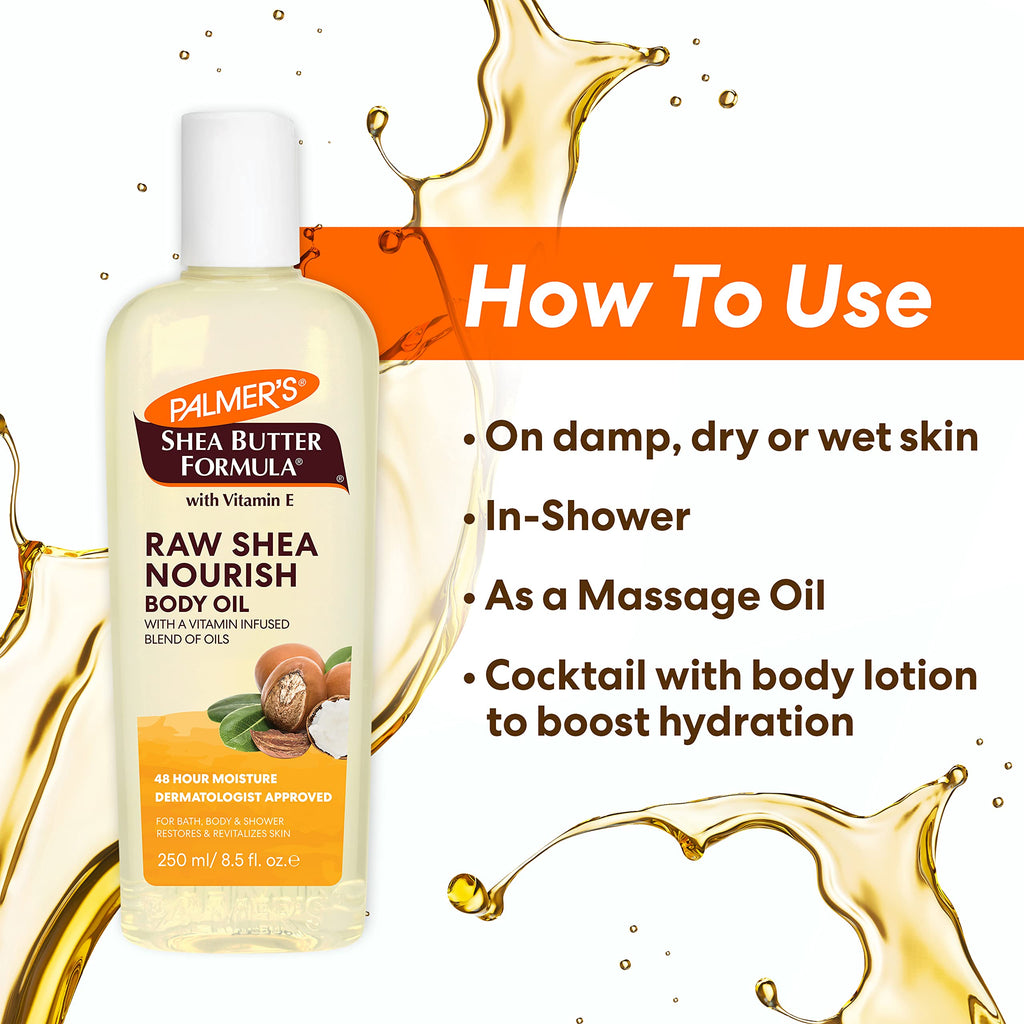 Palmer's raw shea body oil applied on dry skin showing glow
