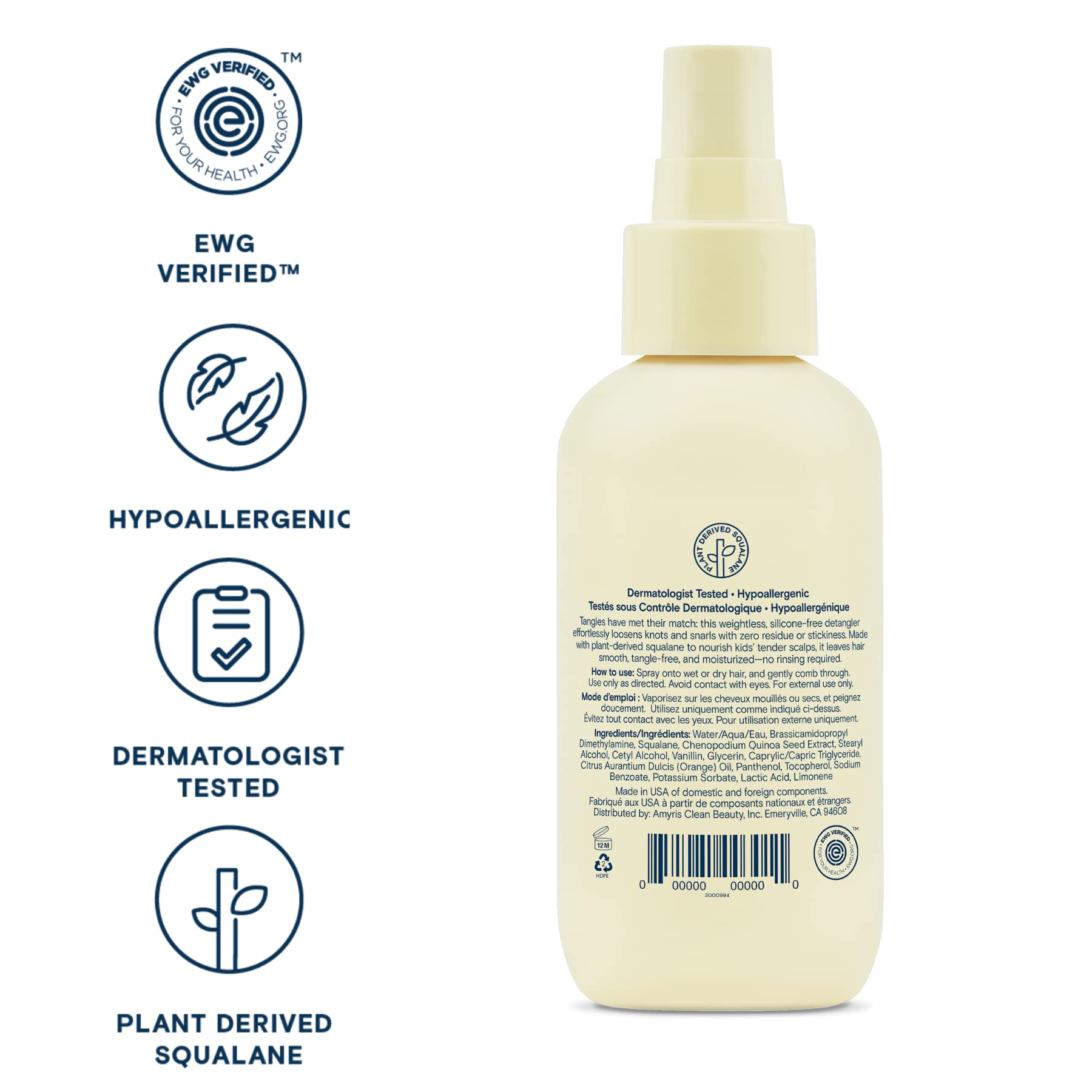 Back label of Pipette kids hair spray detailing squalane and clean ingredients