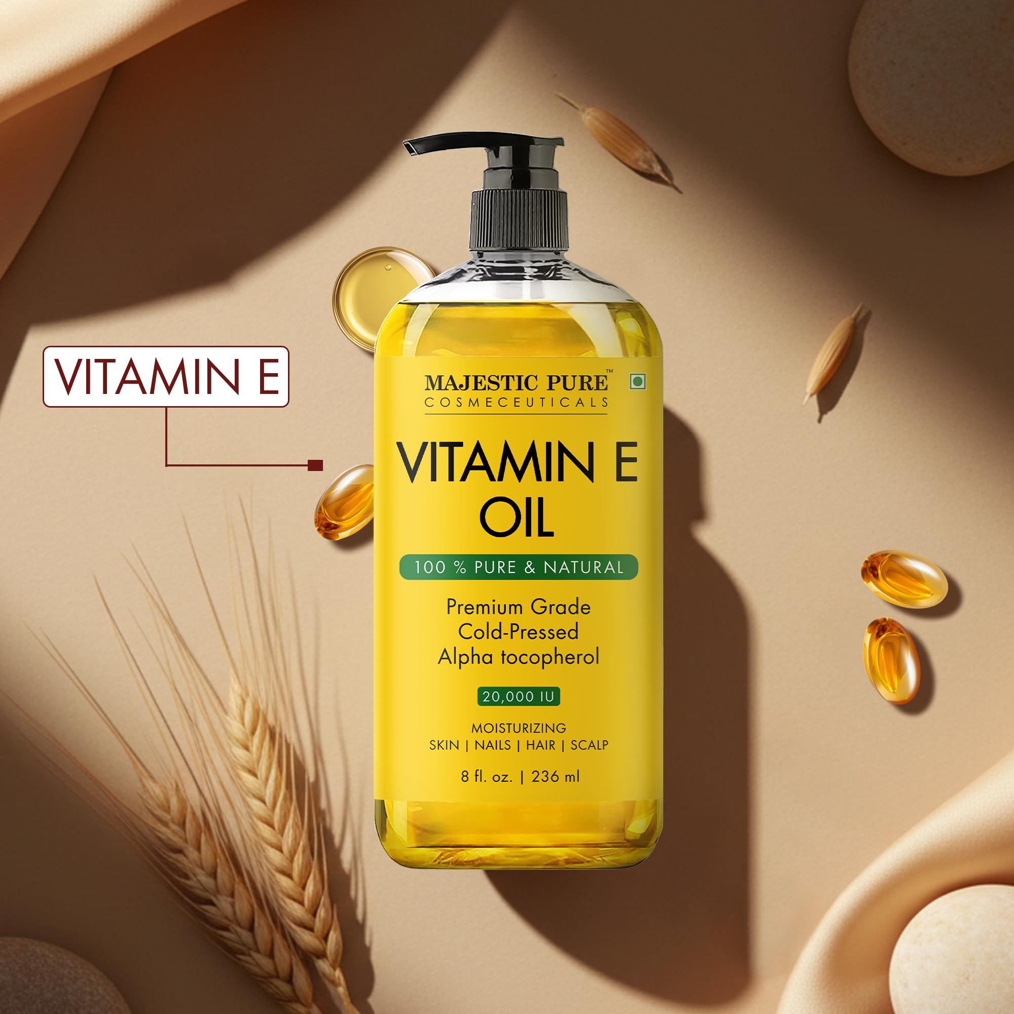 Vitamin E oil bottle next to skincare routine products