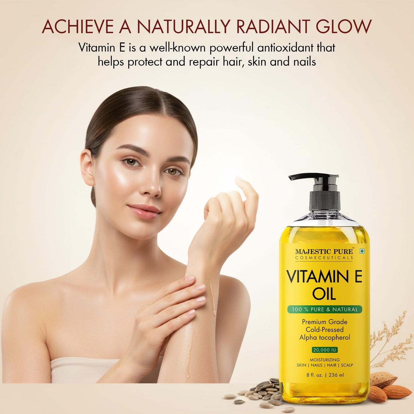 Lifestyle shot of premium imported Vitamin E oil