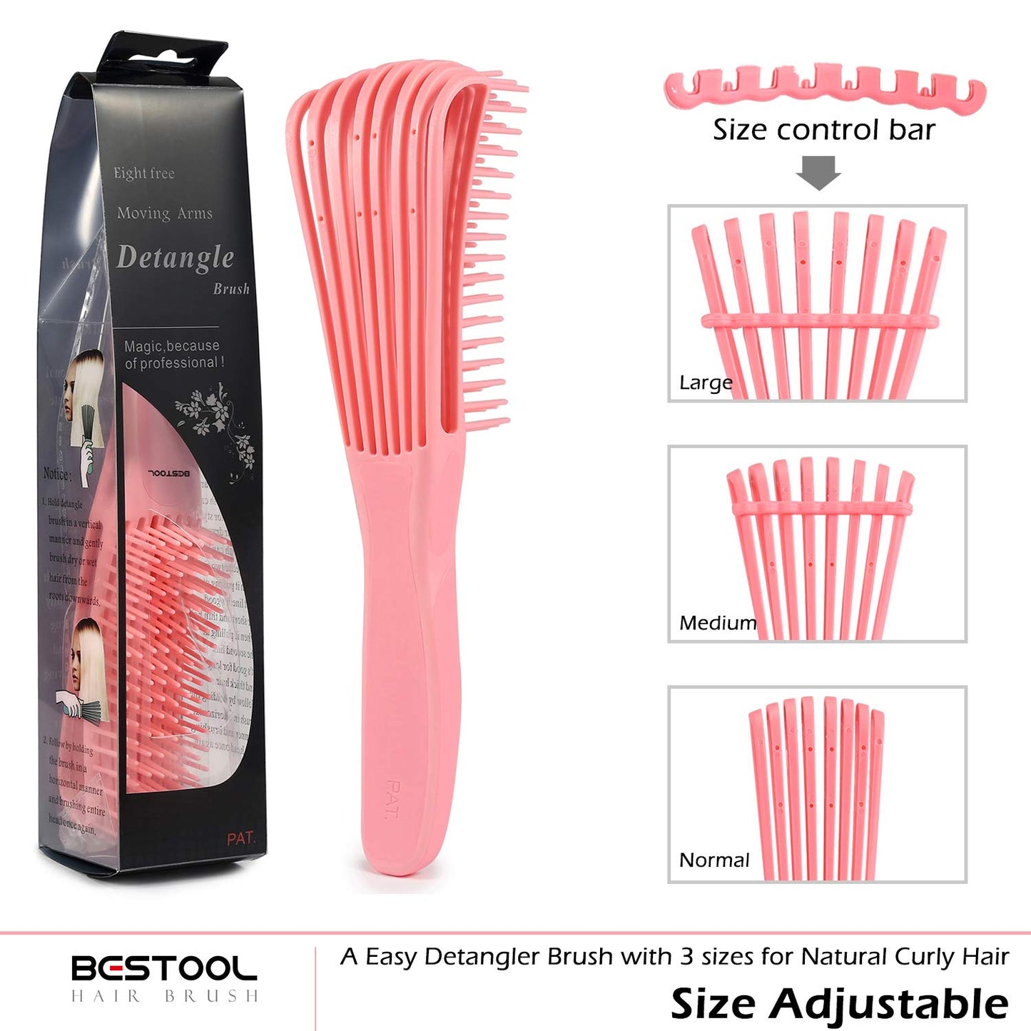 BESTOOL pink hair brush for curly hair highlighting the ergonomic non slip rubber handle.