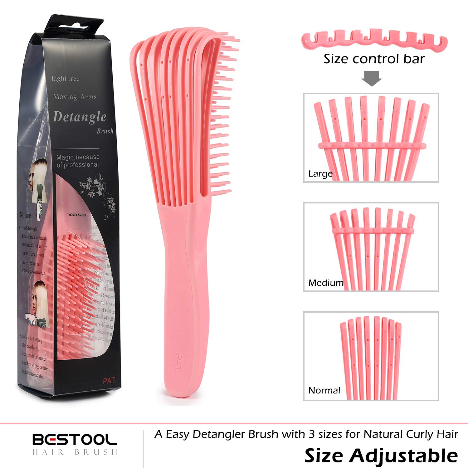 BESTOOL pink hair brush for curly hair highlighting the ergonomic non slip rubber handle.