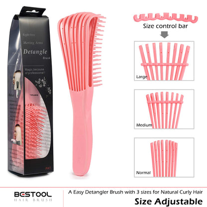 BESTOOL pink hair brush for curly hair highlighting the ergonomic non slip rubber handle.