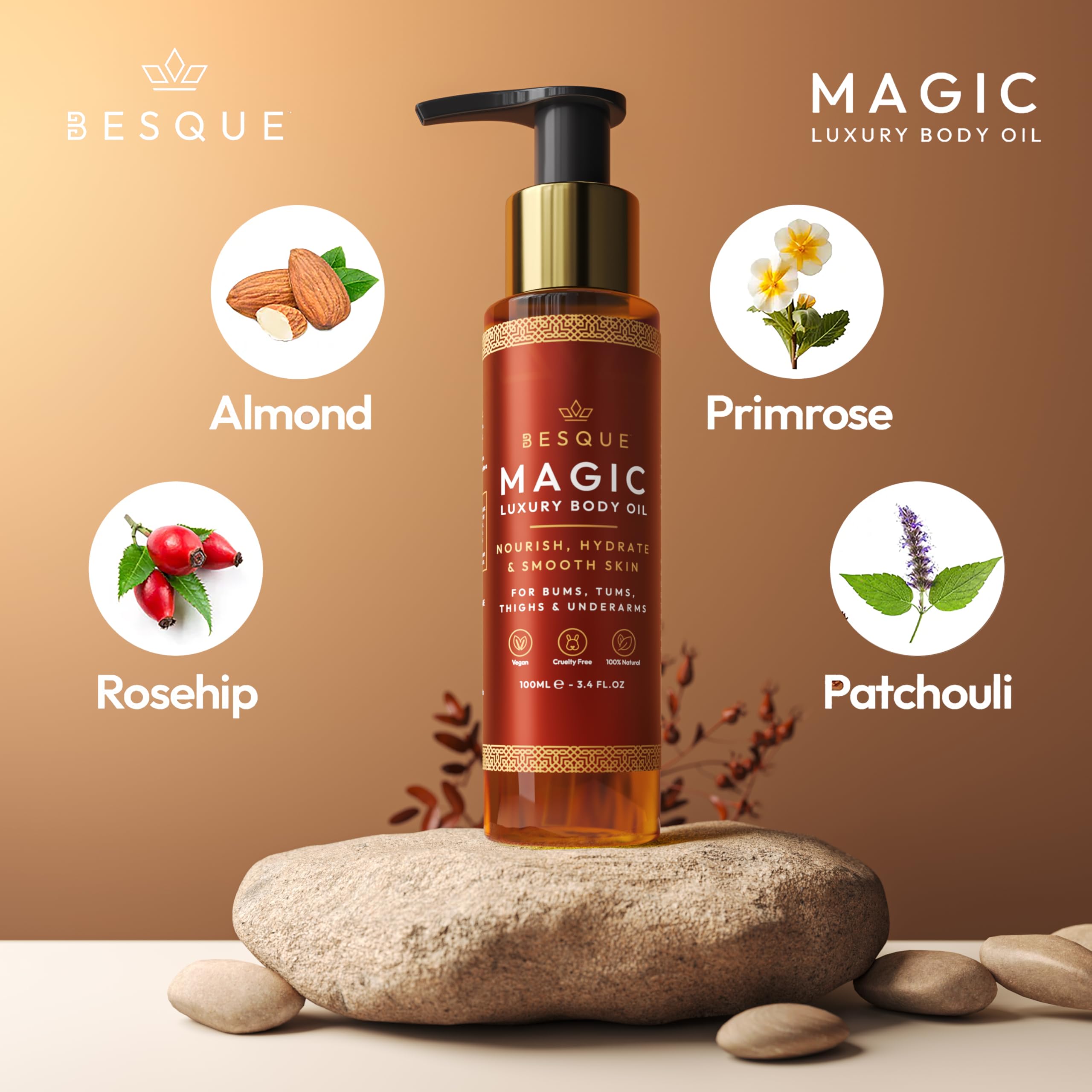 Close up of Besque Magic Body Oil packaging and branding