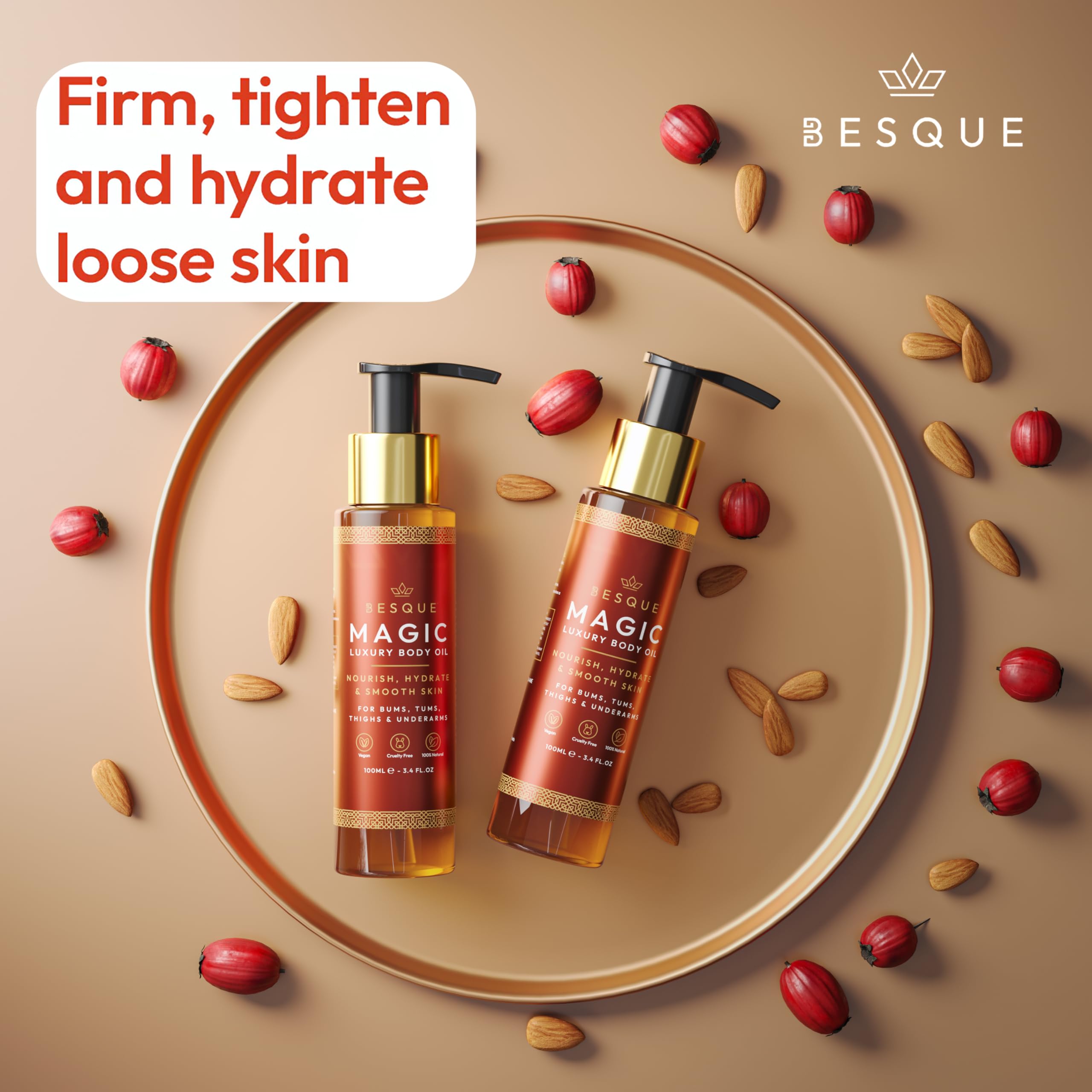 Besque Magic Body Oil bottle showing ingredient highlights