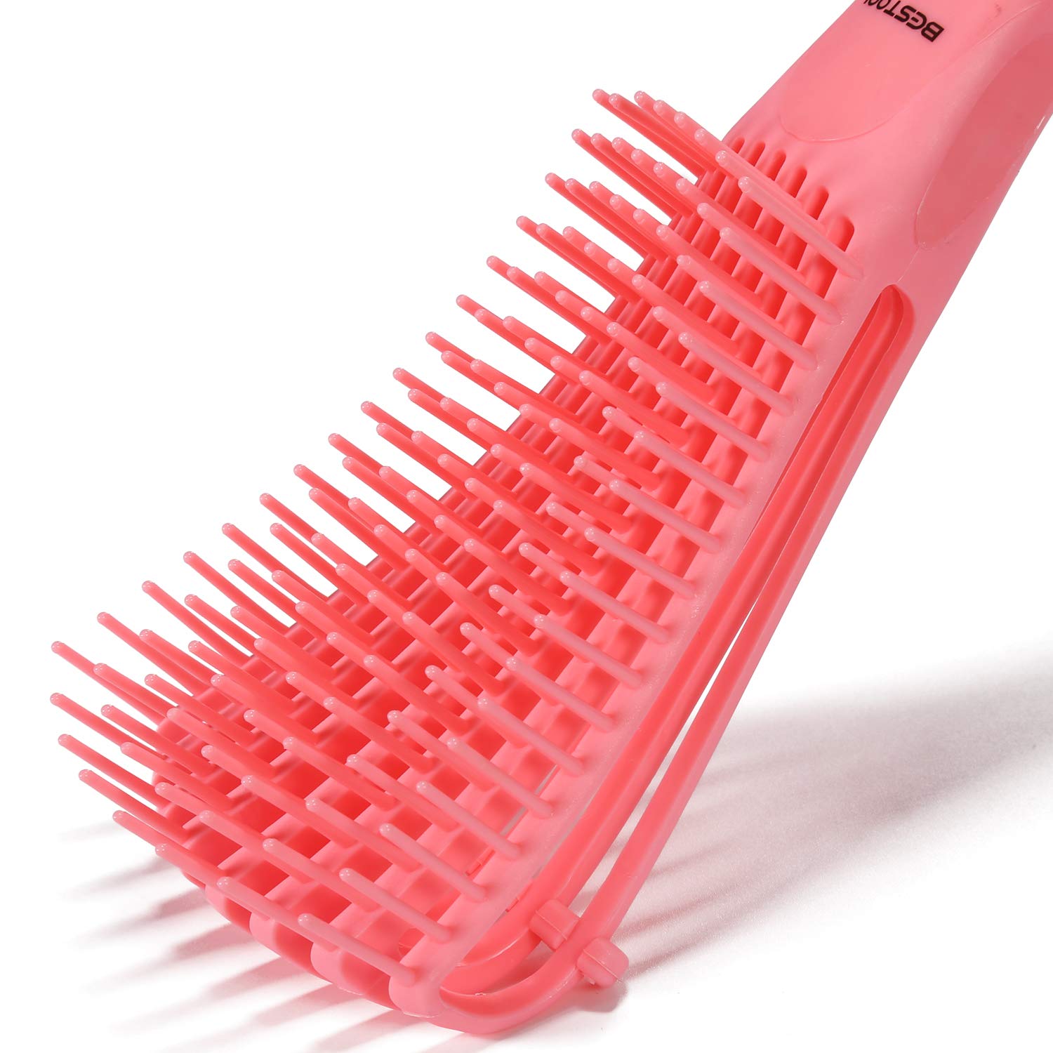 Side profile of the pink BESTOOL hair brush showcasing the flexible arms bending to remove knots.