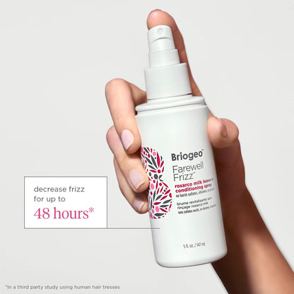 Briogeo anti frizz hair detangler spray bottle showing product details