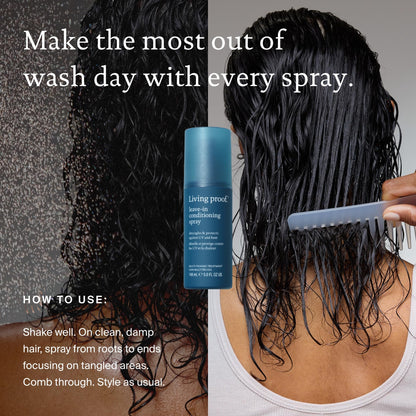 Living Proof multi protection hair detangler spray bottle standing upright on a clean retail display surface