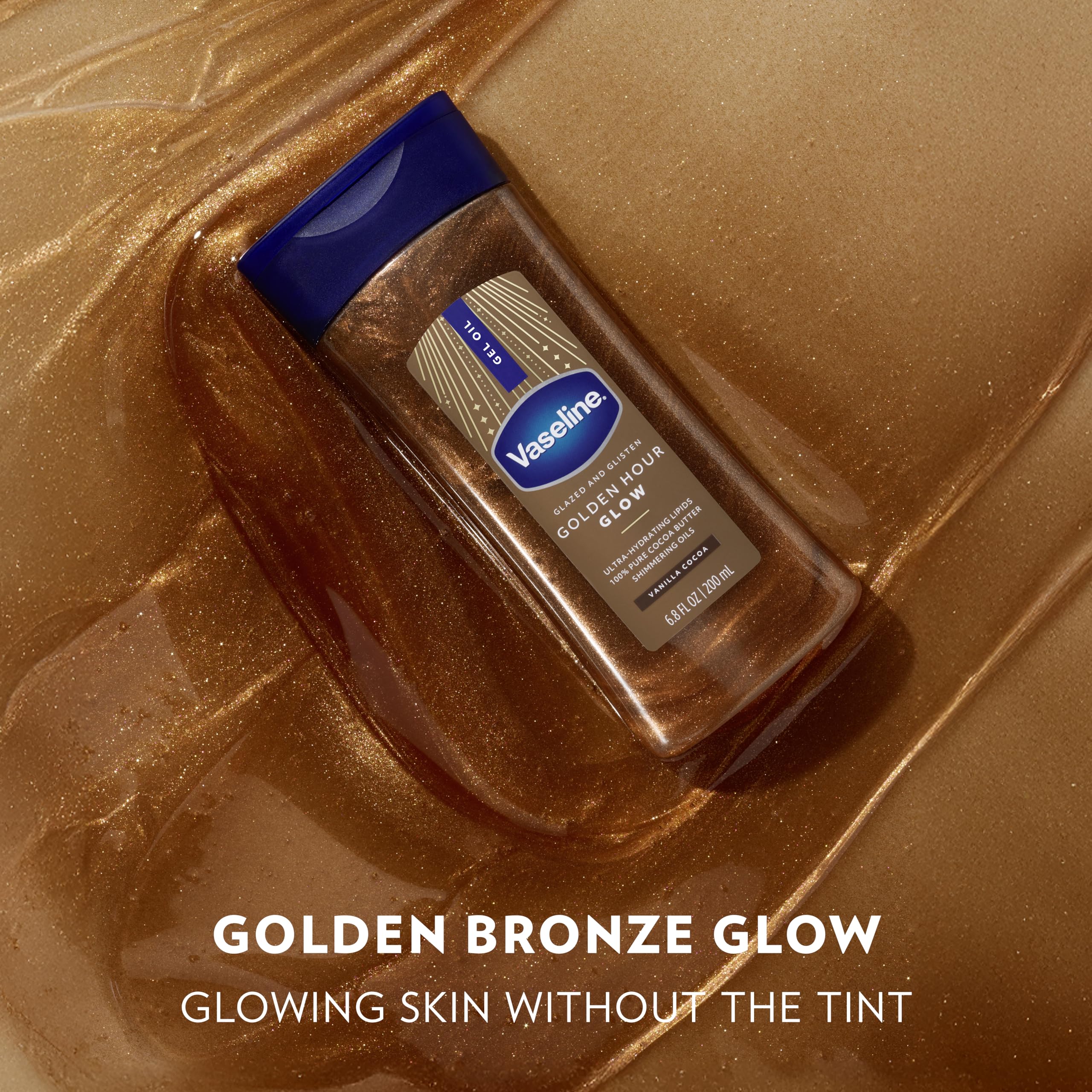 Texture swatch of Vaseline Glazed and Glisten shimmering bronze body gel