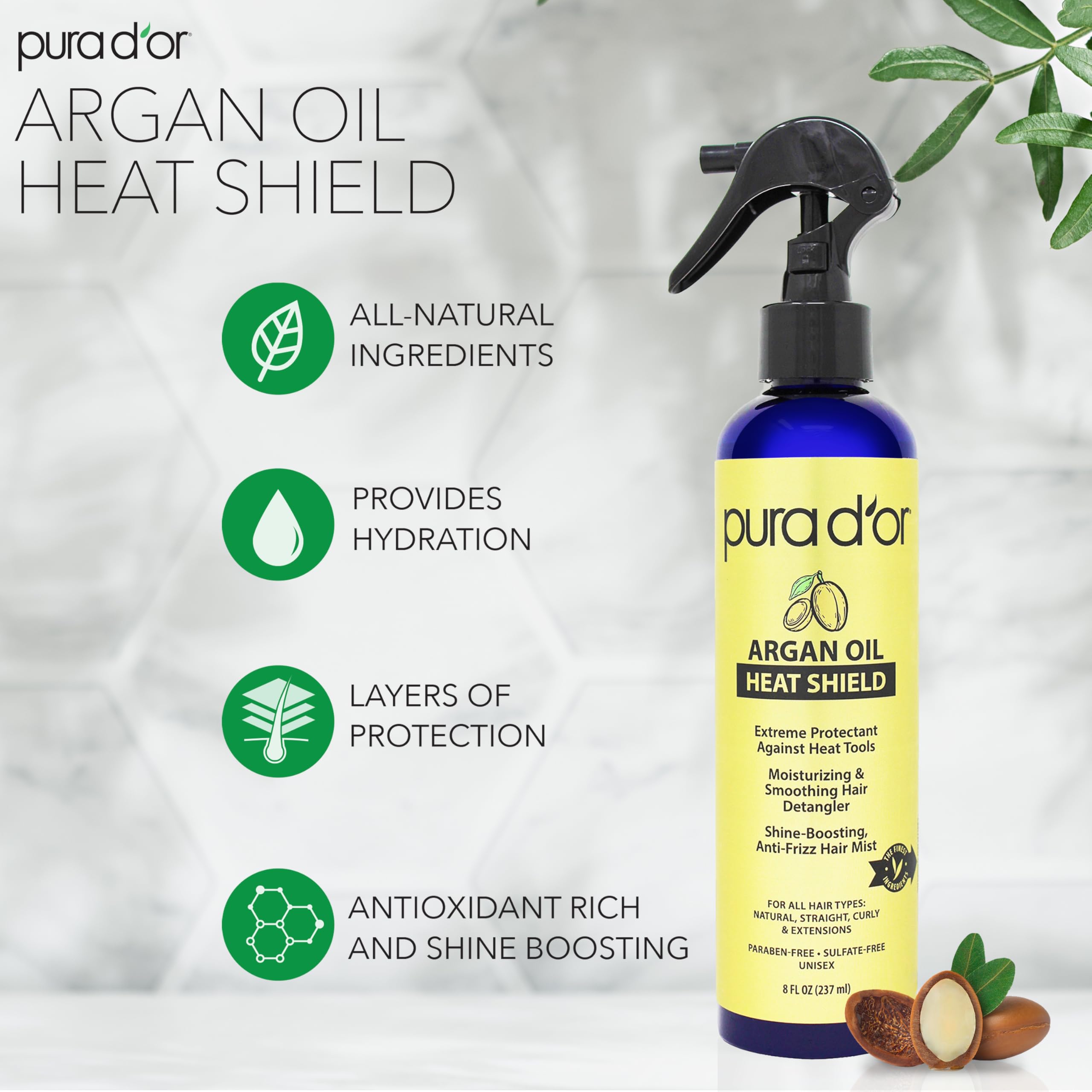 PURA DOR leave in conditioner and thermal defense spray for dry damaged hair styling.