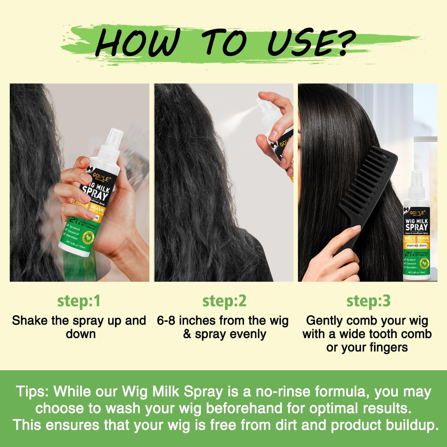 Side-by-side comparison of a tangled wig fiber before and after using Goiple detangling milk.