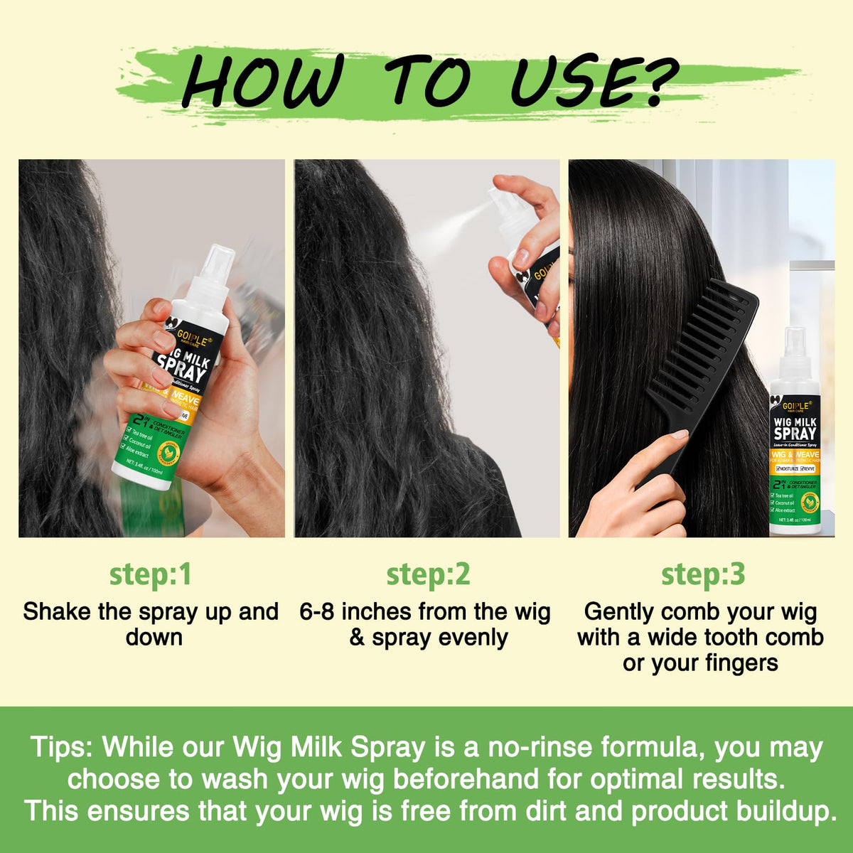 Goiple wig milk spray lifestyle shot showing detangling process