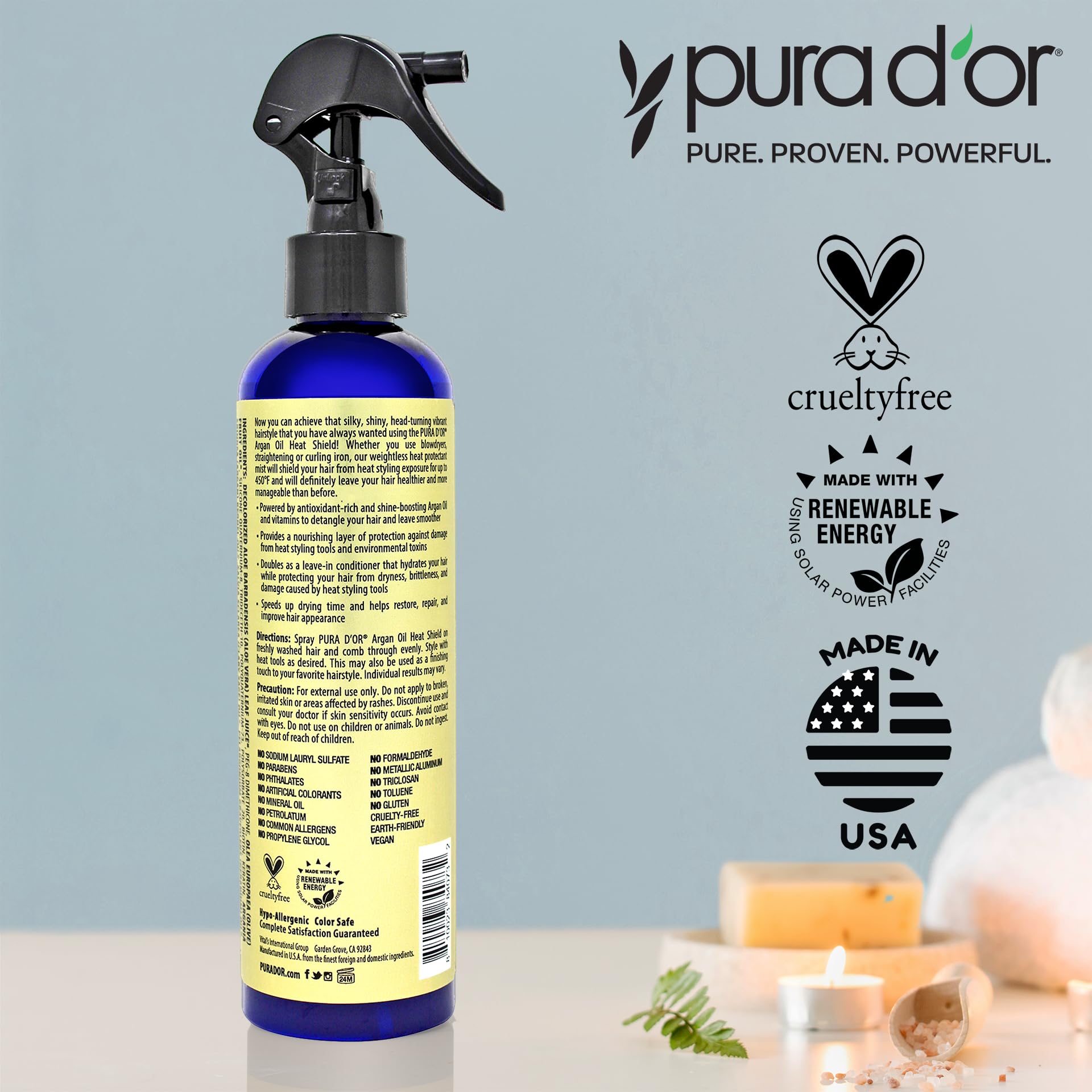 Sulfate free and paraben free organic argan oil thermal barrier hair care spray product details.