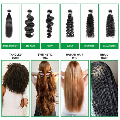 Wide tooth comb detangling a synthetic hair piece after using the moisturizing spray.