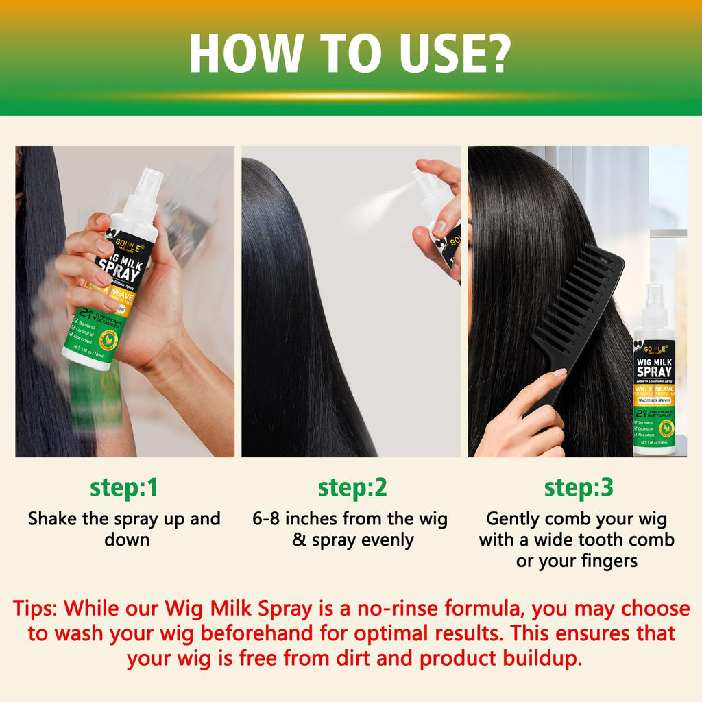 Back view of Goiple wig milk spray showing product usage directions