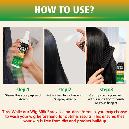 Goiple wig milk conditioning spray bottle back label with directions and ingredients.